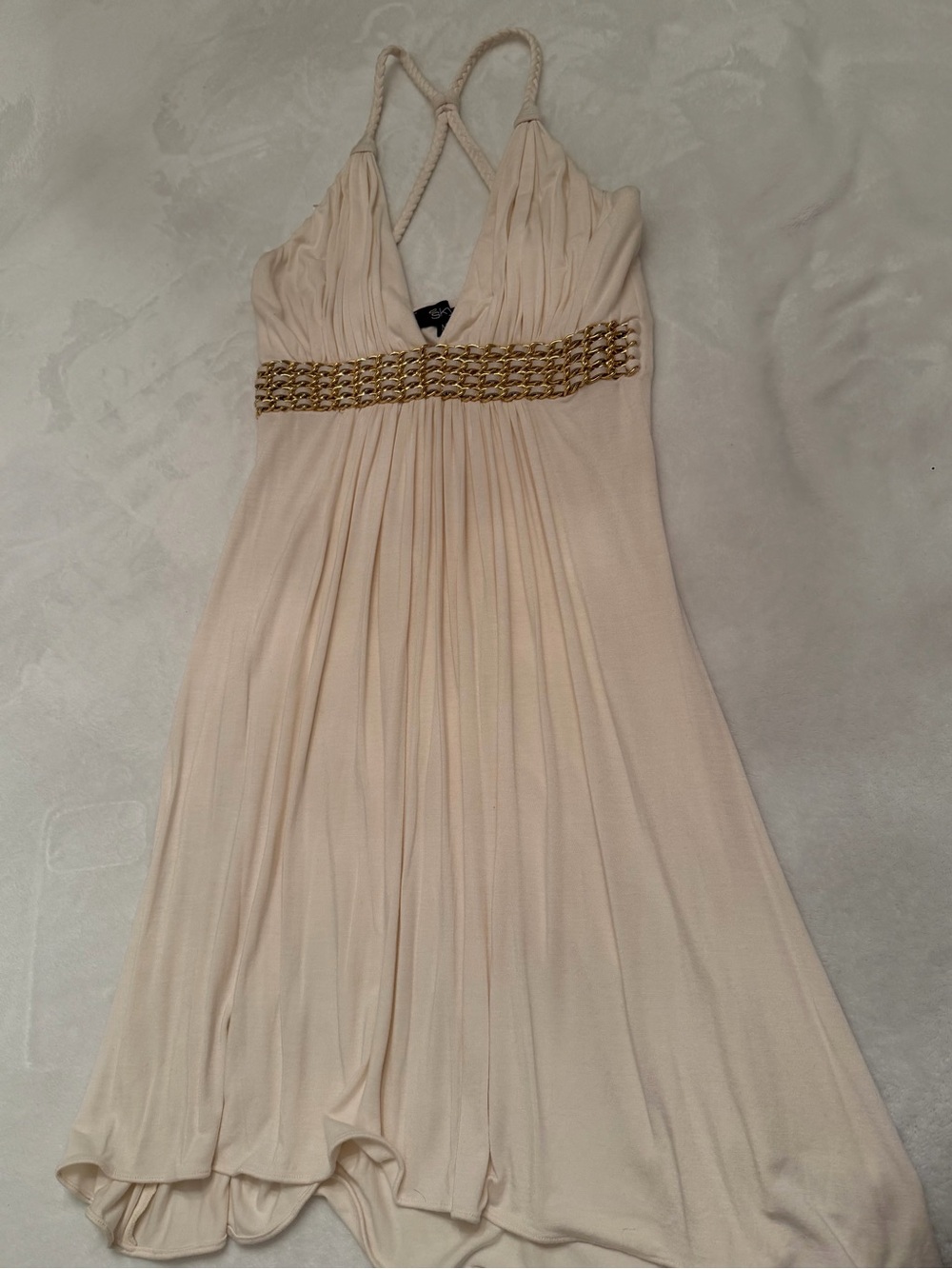 Sky Cream One-Shoulder Dress with Gold Chain Waist